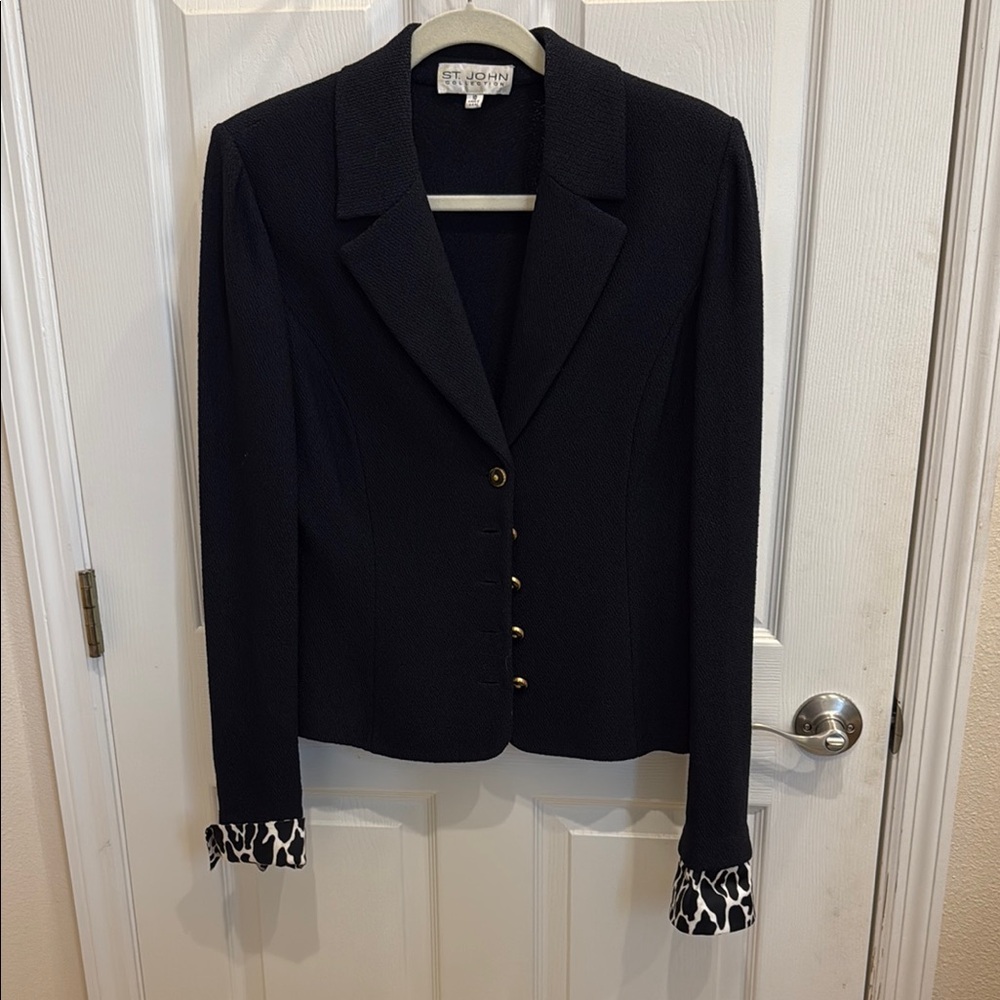 St. John Black Blazer with Fringe Cuff Detail